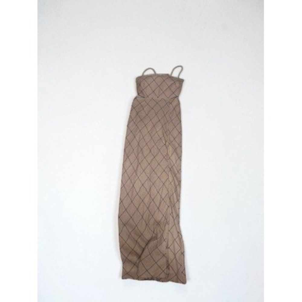 Rumer Brand Taupe 100% Linen Windowpane Check Maxi Dress Spaghetti Strap Size M - Picture 3 of 7